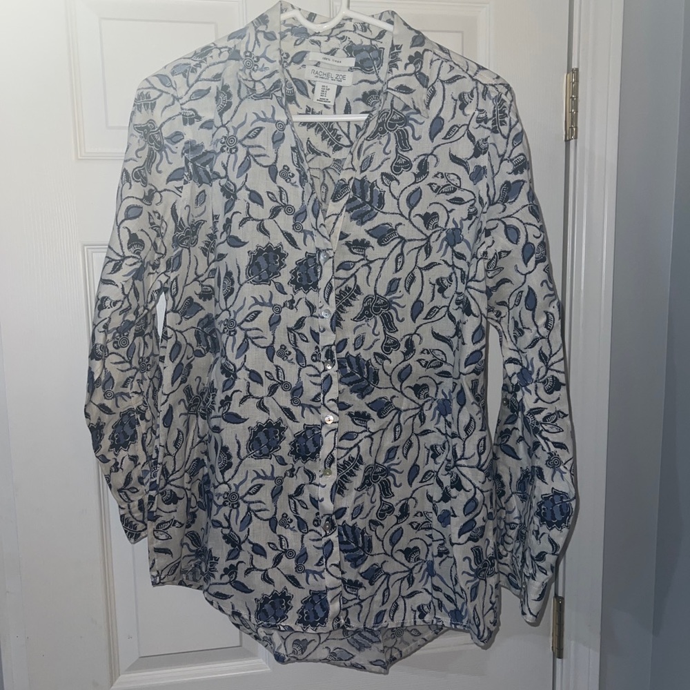 EUC Rachel Zoe Linen Shirt Floral Small Collared Button Down 100% Linen boho